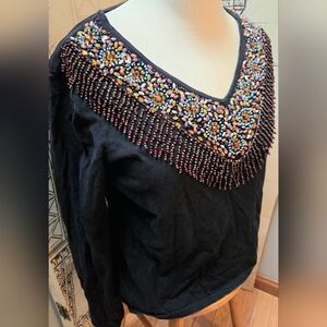 Chico's Black Beaded V-Neck Top Size 2